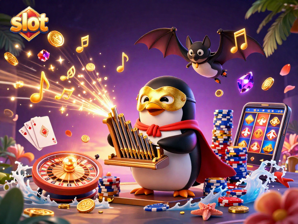 Spin the slot reels and collect golden coins in a lively 3D casino scene.