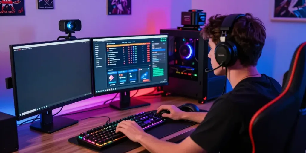 Pengguna alexistoto sedang live streaming permainan dengan fokus pada layar komputer dan aksesori gaming.