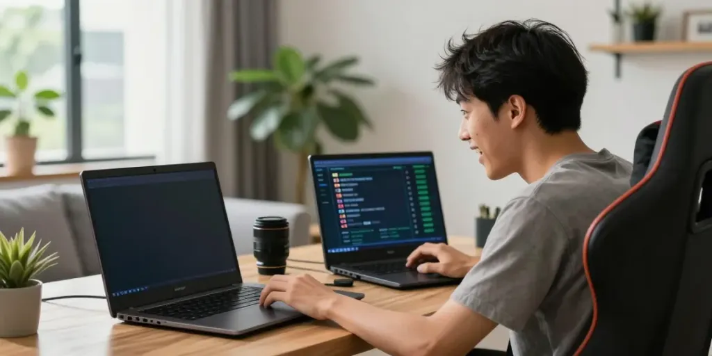 Pengguna buntogel dengan laptop menganalisis data togel di ruang tamu modern.