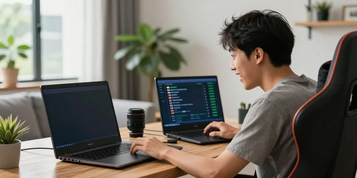 Pengguna buntogel dengan laptop menganalisis data togel di ruang tamu modern.