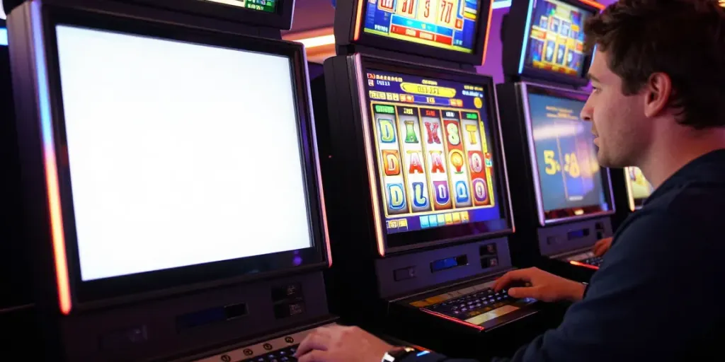 Pemain NAGAHOKI303 fokus pada permainan slot online, menampilkan simbol berwarna cerah dan suasana permainan yang menarik.