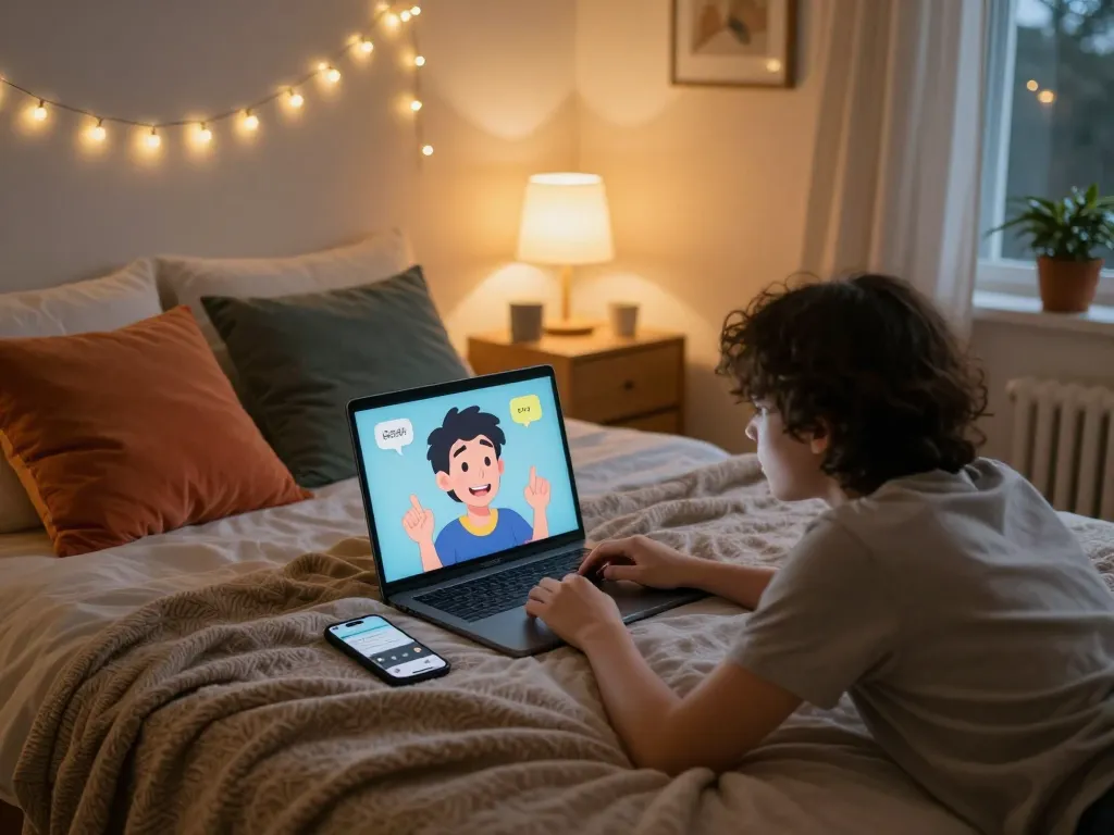 Person engaged in AI sexting conversation in a cozy bedroom setting with laptop and soft lighting.