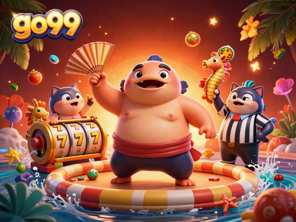 Win big at go99 with vibrant slot machines and colorful underwater characters in a dynamic casino scene.