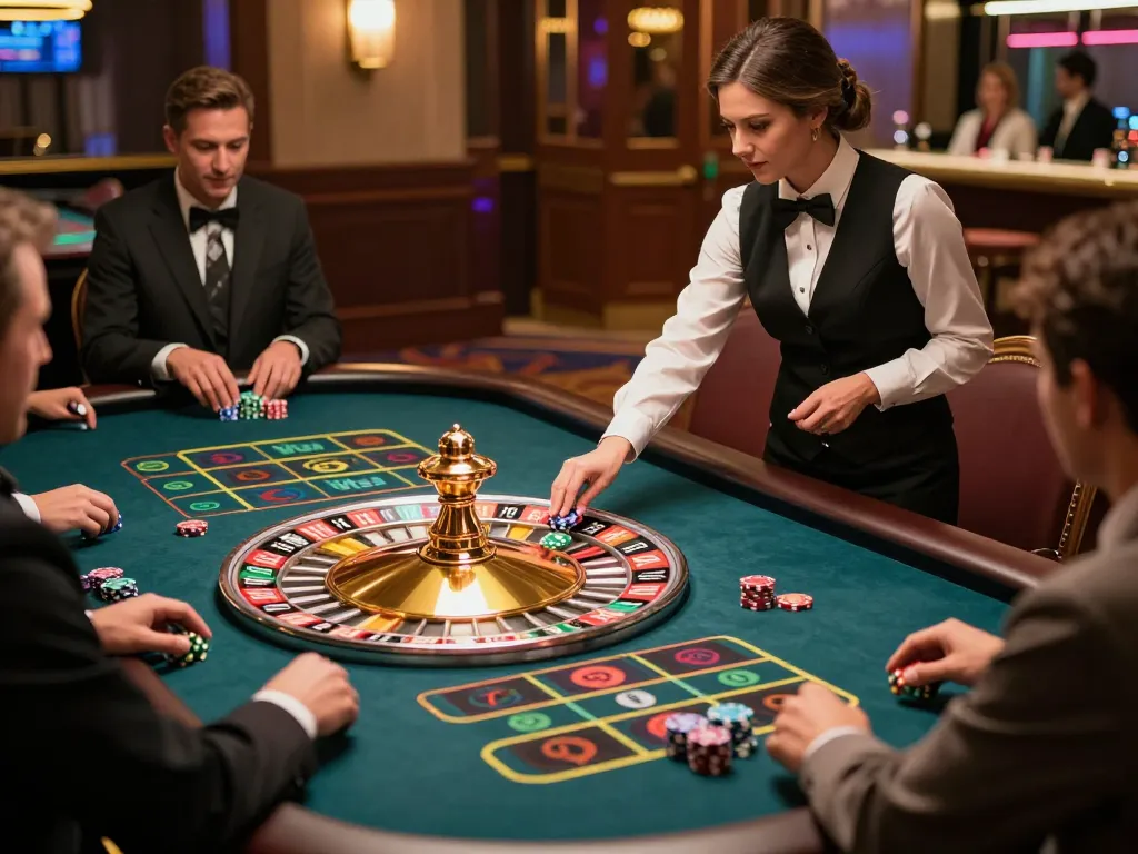 Experience excitement at trang chủ Net88 roulette table with players betting and croupier overseeing