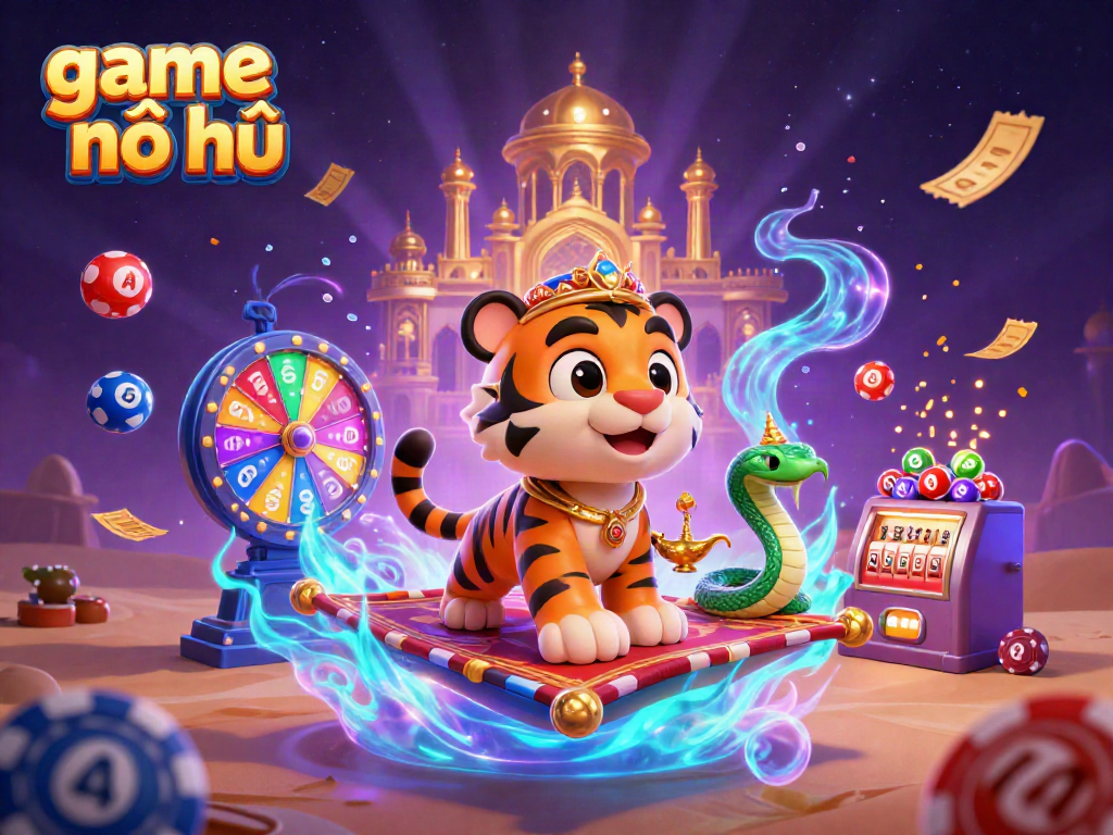 Experience thrilling gameplay with an enchanting scene of game nổ hũ featuring a sultan and a genie in a vibrant, richly detailed casino landscape.