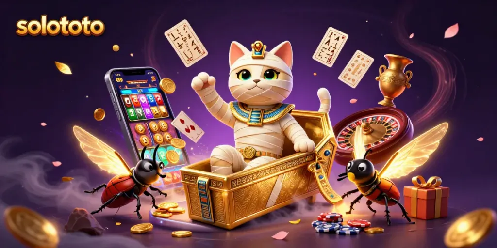 Gambarkan permainan slot solototo dengan mumi kucing dan permainan kartu dalam kasino piramida.