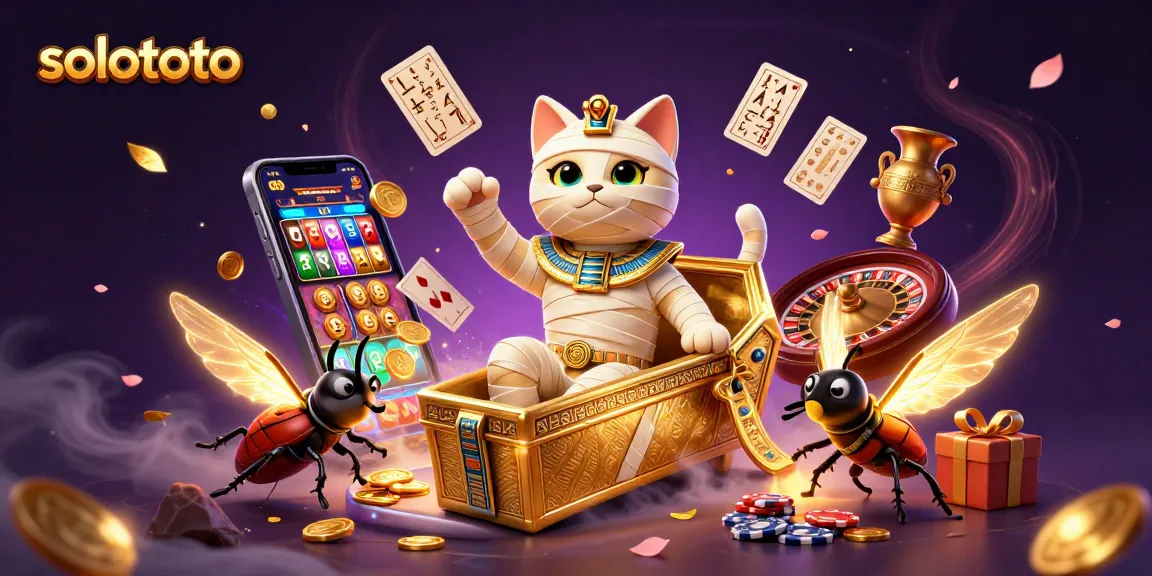 Gambarkan permainan slot solototo dengan mumi kucing dan permainan kartu dalam kasino piramida.