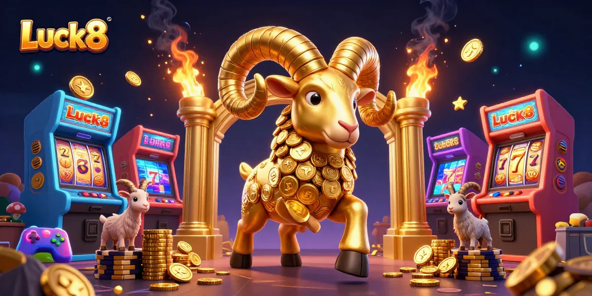 Experience the thrill at Luck8 with a dynamic 3D casino scene featuring golden ram and slot machines.