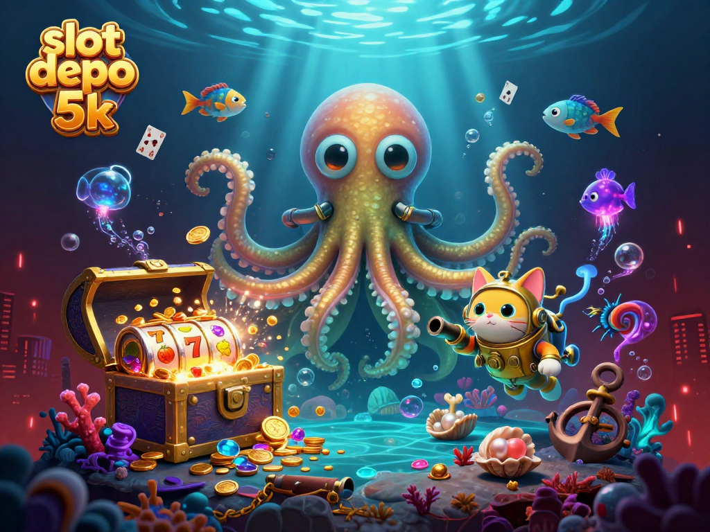 Experience thrilling wins with slot depo 5k, showcasing a kraken and diving cat in vibrant underwater adventure.
