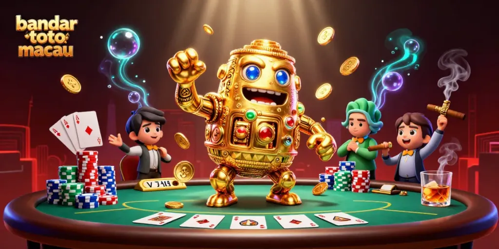 Visualisasi golem emas dalam bandar toto macau dengan elemen kasino yang kaya dan dinamis.