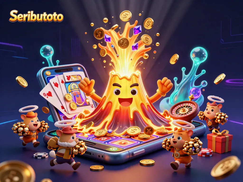 Win big with Seributoto's captivating gaming experience, showcasing a golden volcano and treasure!