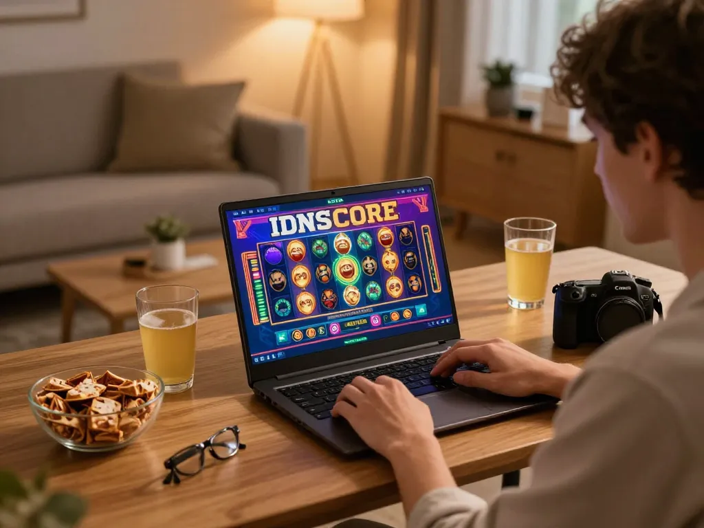 IDNSCORE online gaming moment at home with engaging slot machines on laptop and cozy atmosphere.