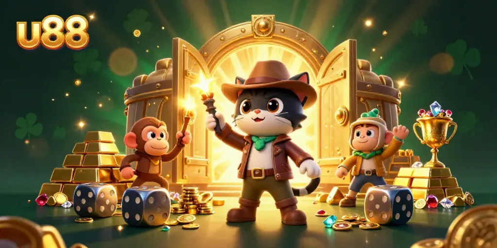 Experience the excitement of u88 with an adventurous cat unlocking treasures within a casino-themed temple.