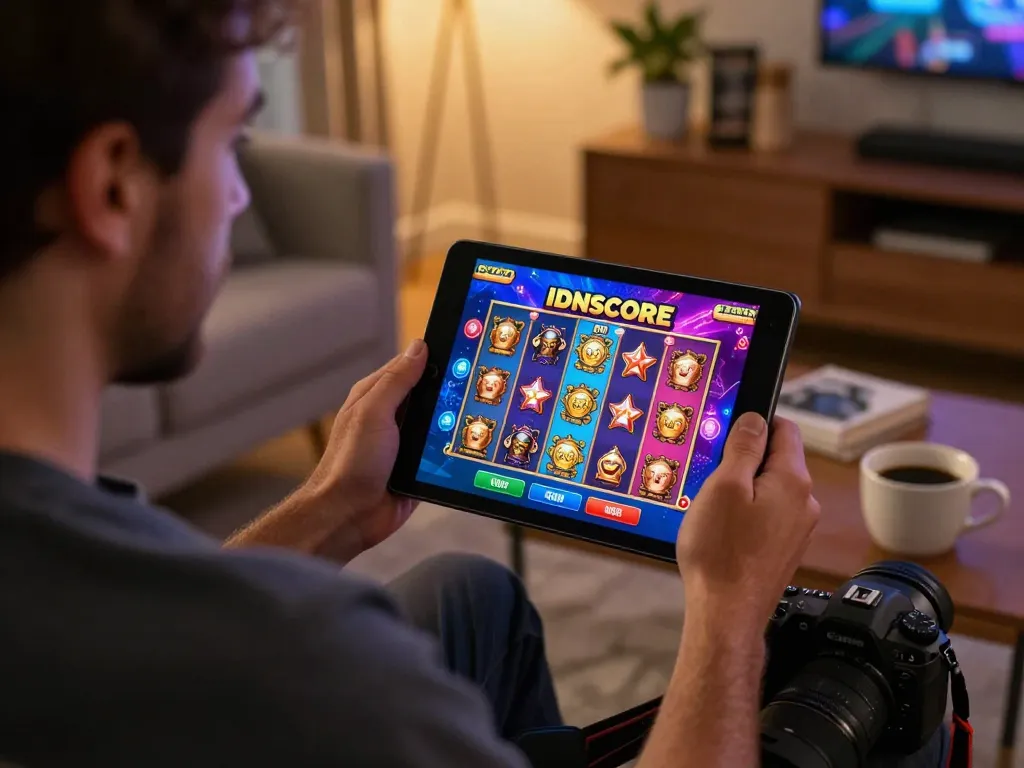 IDNSCORE player enjoying a dynamic gaming session on a tablet in a cozy living room
