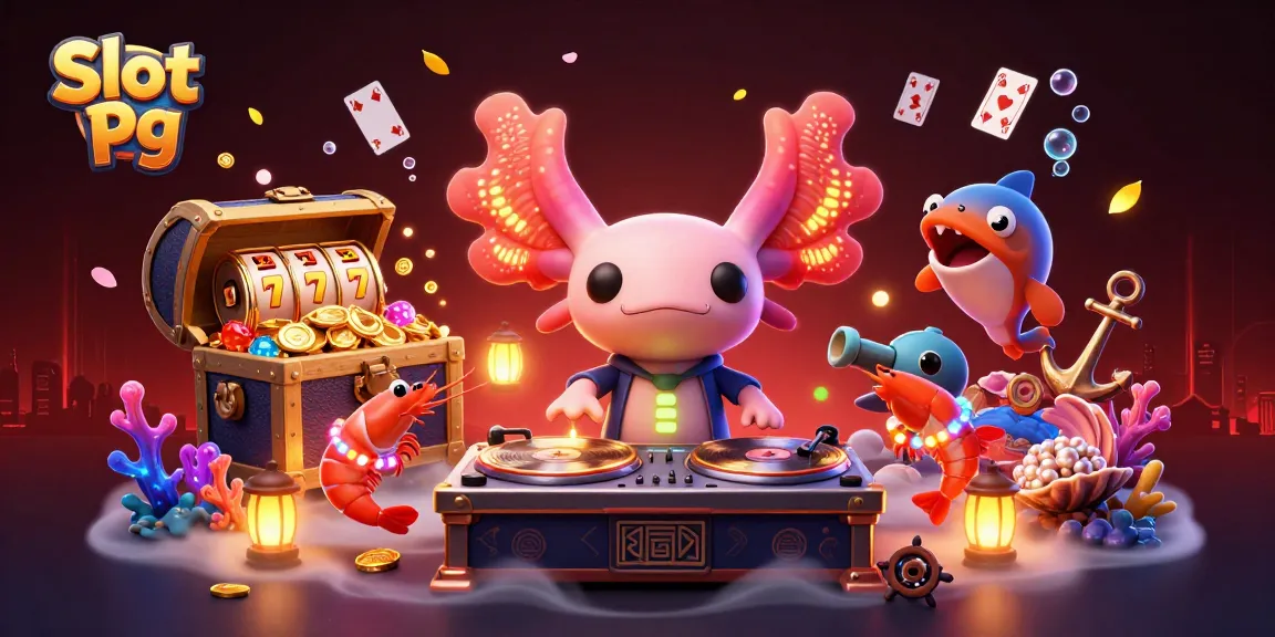 Experience Slot Pg with a colorful axolotl DJ, spinning reels, and vibrant underwater treasures.