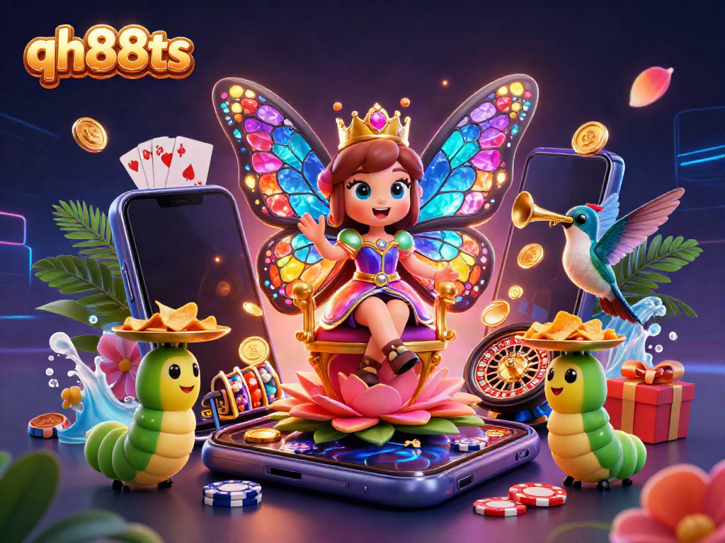 Experience the vibrant world of qh88ts with a dynamic casino-themed illustration featuring games and characters.