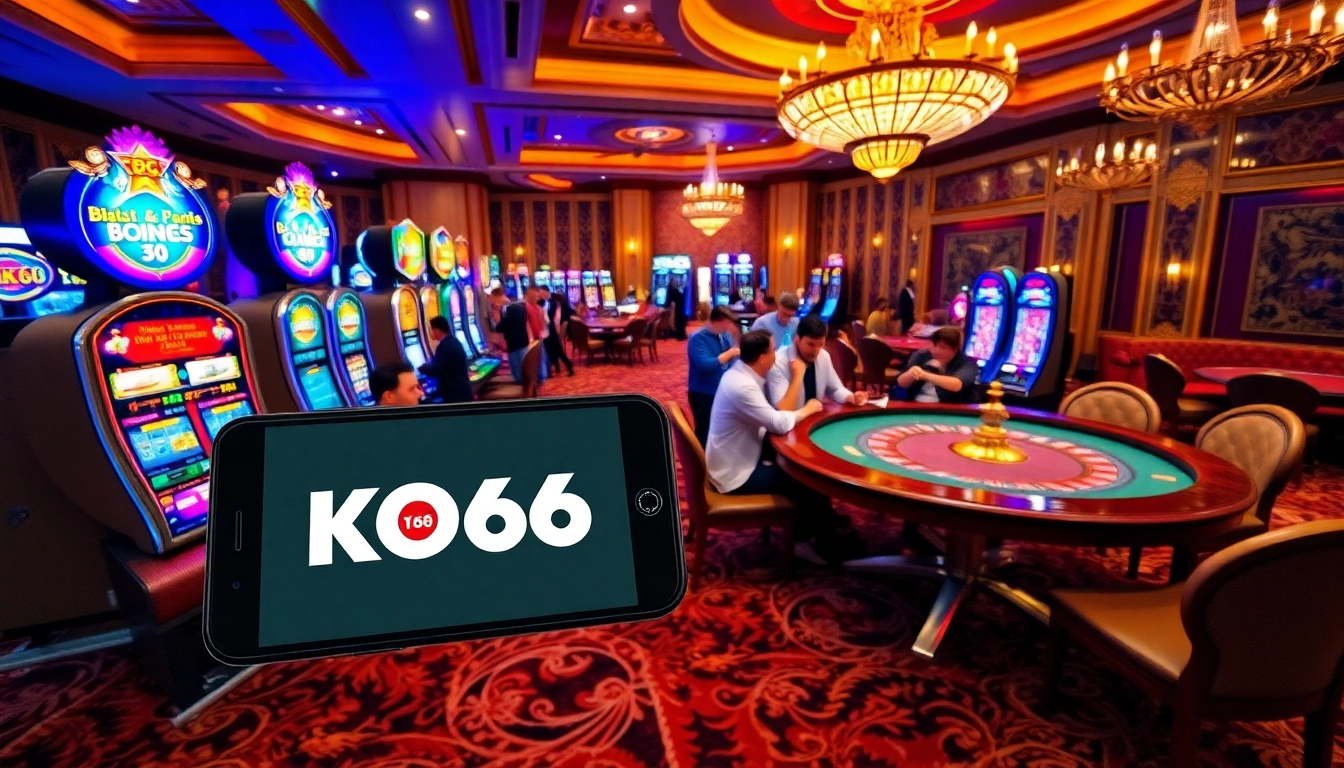 Các người chơi trúng lớn với KO66 tại một sòng bạc sang trọng, với các máy slot sống động và bàn roulette.