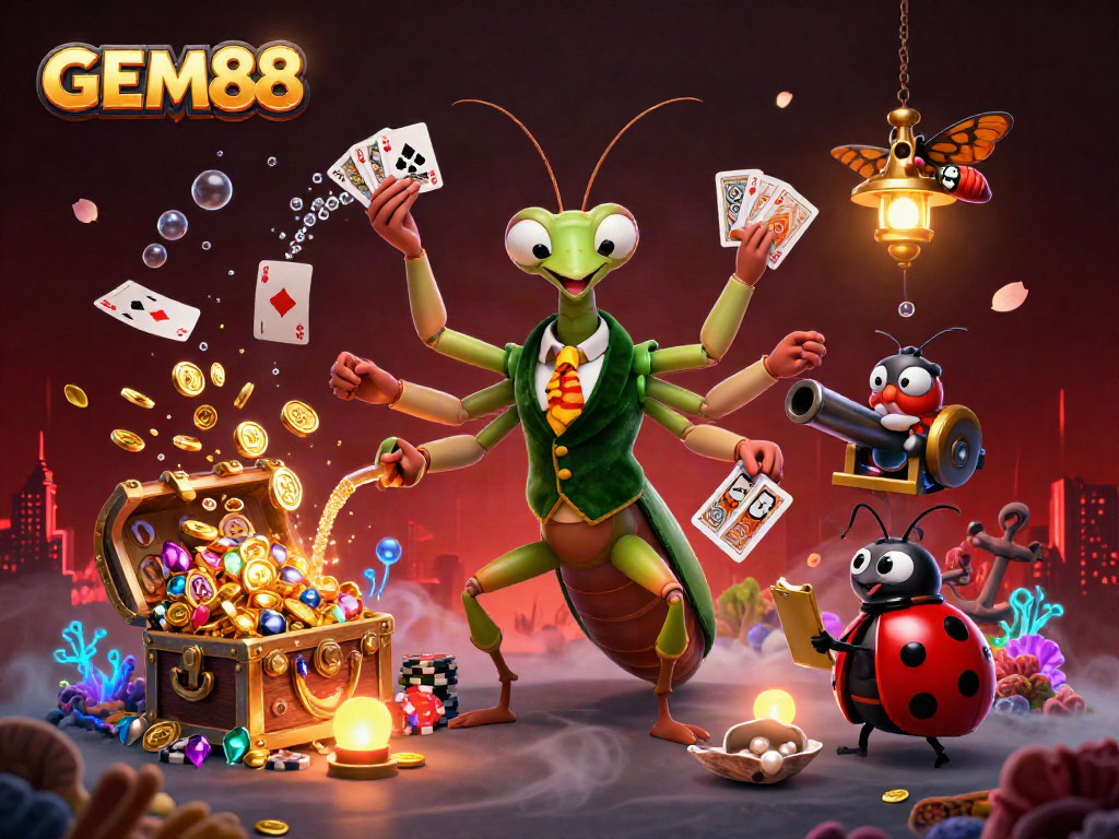 Interactive GEM88 casino scene featuring a giant praying mantis dealer and vibrant treasure elements.