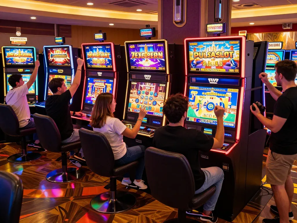 PULSASLOT players enjoying slot machines, celebrating wins amid colorful lights.