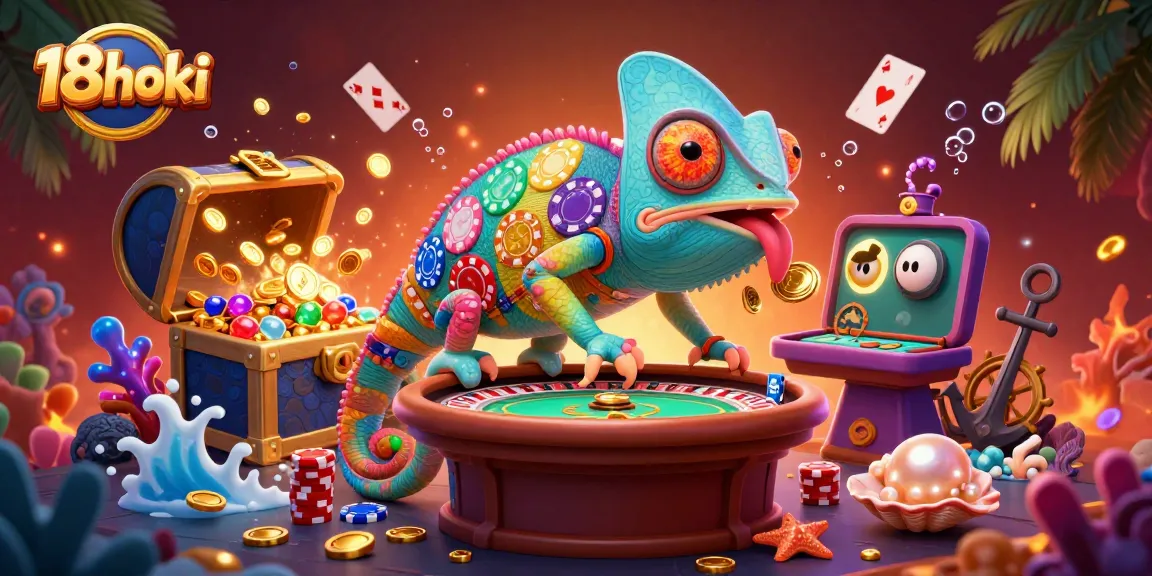 Experience thrilling gameplay at 18hoki with vibrant casino elements and a dynamic chameleon owner.