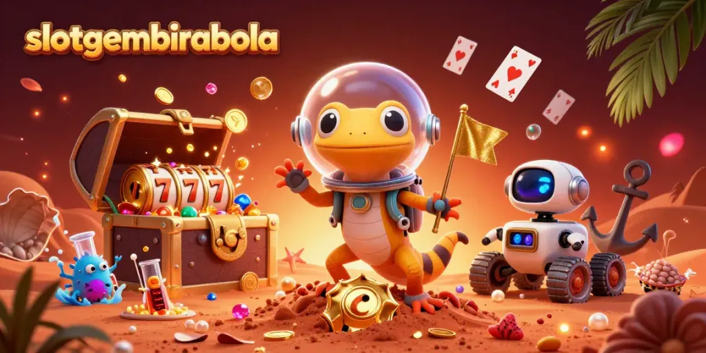 Experience the thrill of slotgembirabola with a Martian gecko discovering a golden casino in this vibrant illustration.