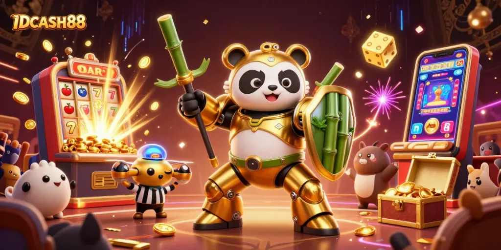 Engage with IDCASH88 as a golden panda battles in a vibrant casino-themed arena packed with excitement.