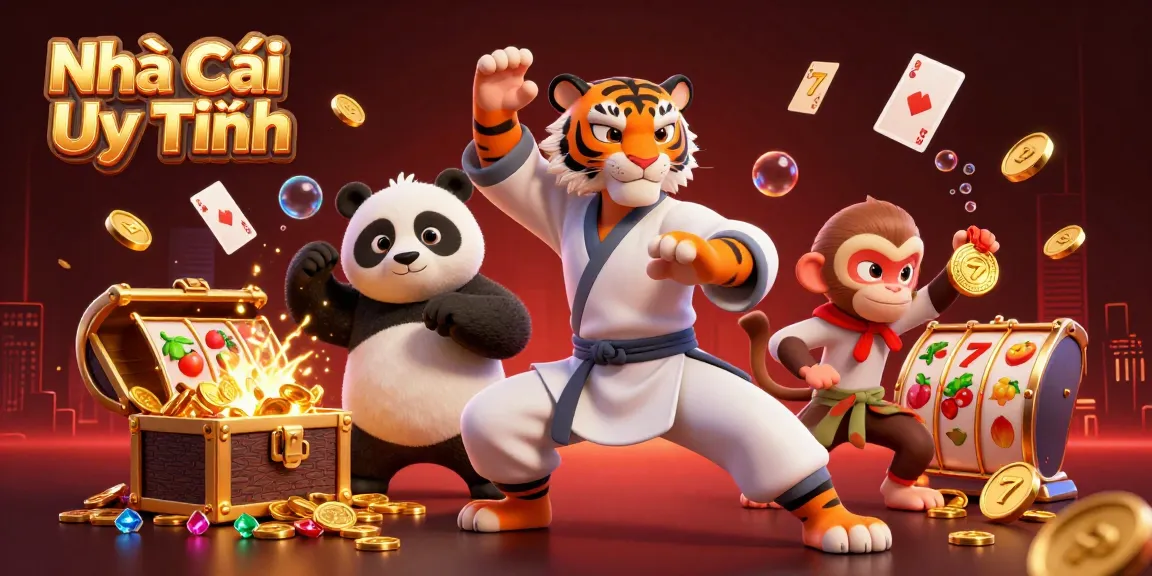 A 3D cartoon illustration showcasing Nhà Cái Uy Tín featuring a kung fu tiger and a panda, surrounded by slot machine symbols and treasure.
