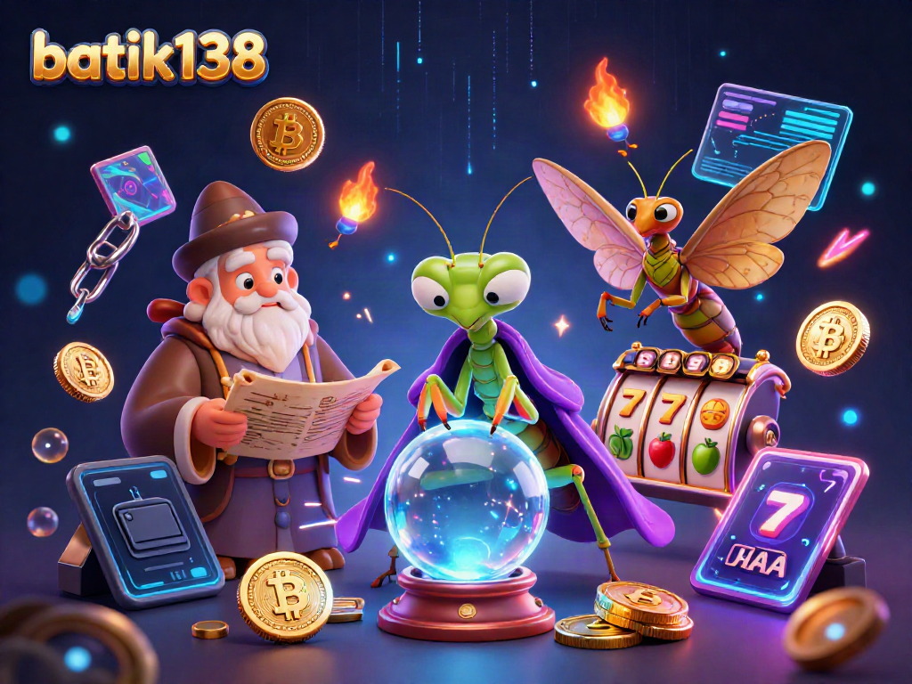 Permainan slot batik138 menampilkan karakter unik seperti mantis dan ngengat dalam suasana ceria dan energik.