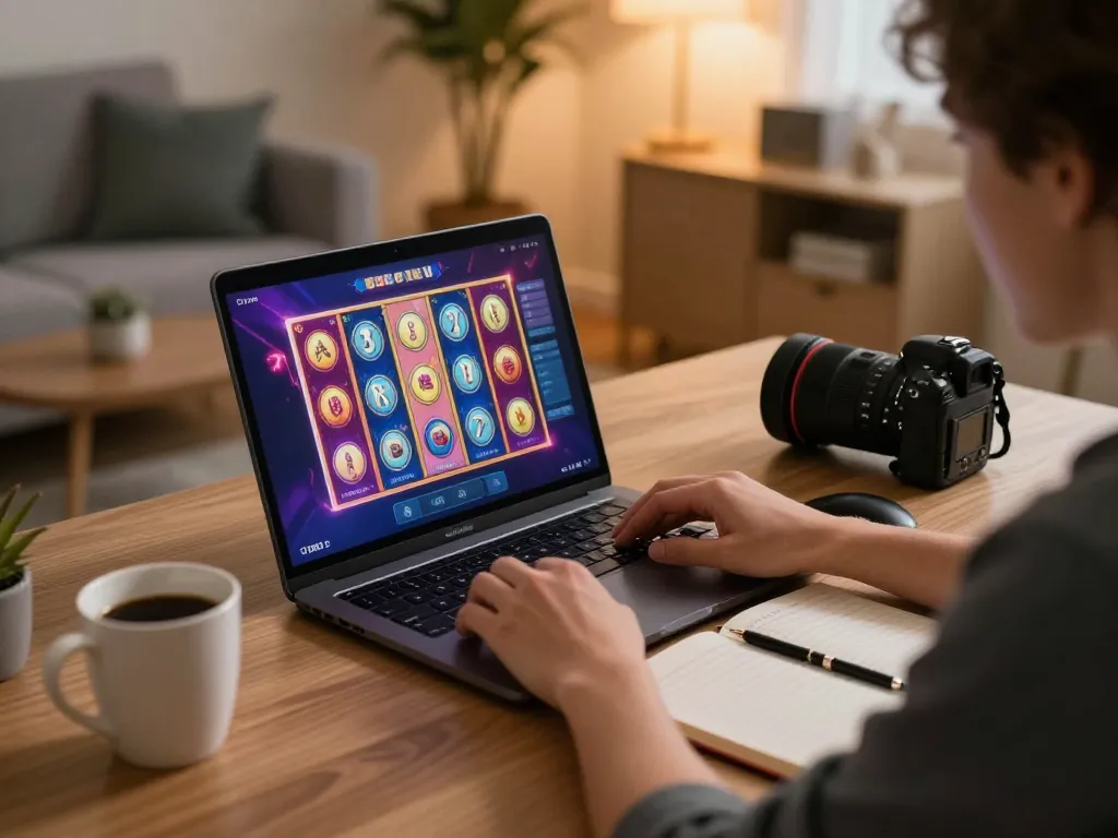 Pemain memutar mesin slot virtual di laptop, menampilkan grafik yang mencolok dan catatan strategi permainan.