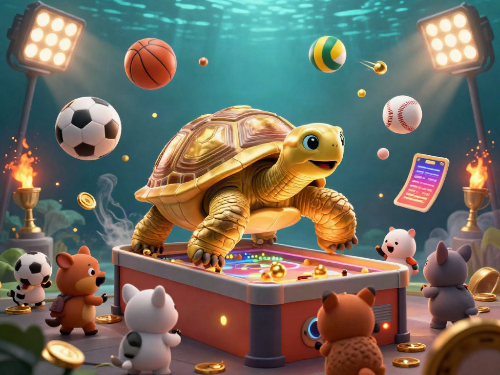 Engage with the thrilling action of data macau through an ultra-detailed 3D casino illustration featuring a golden tortoise pinball machine and flying sports elements.