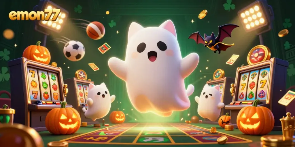 Experience emon77's haunted casino adventure with a ghost cat, vampire bat, and glowing jack-o-lanterns.