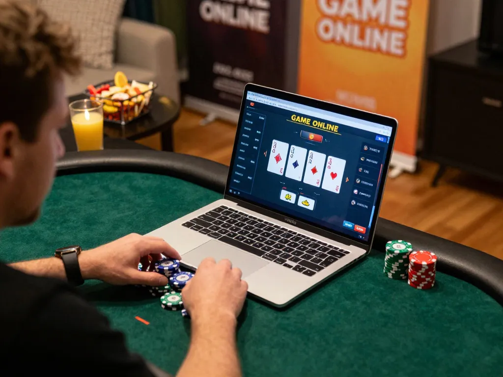 Engaged player strategizes during GAME ONLINE poker session on a laptop in cozy setting