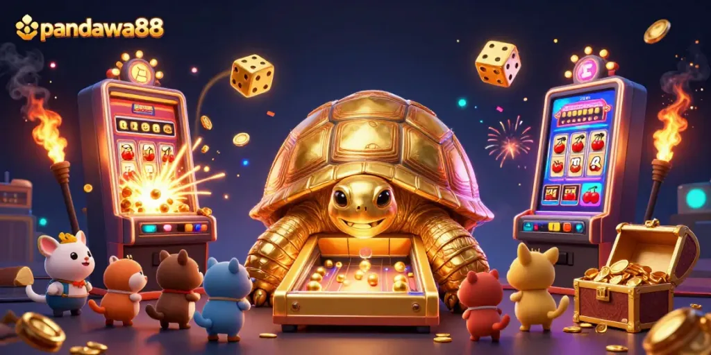 Menggoda kemenangan besar di pandawa88 dengan mesin slot berkilauan dan tortoise emas yang berfungsi.