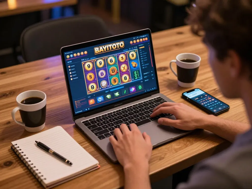 BAYITOTO online gaming experience with a player strategizing for slots in a warm and inviting home setup