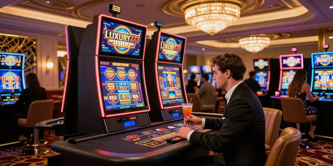 Pengalaman bermain LUXURY777 di lounge perjudian mewah dengan pemain berpakaian elegan dan mesin slot bersinar.