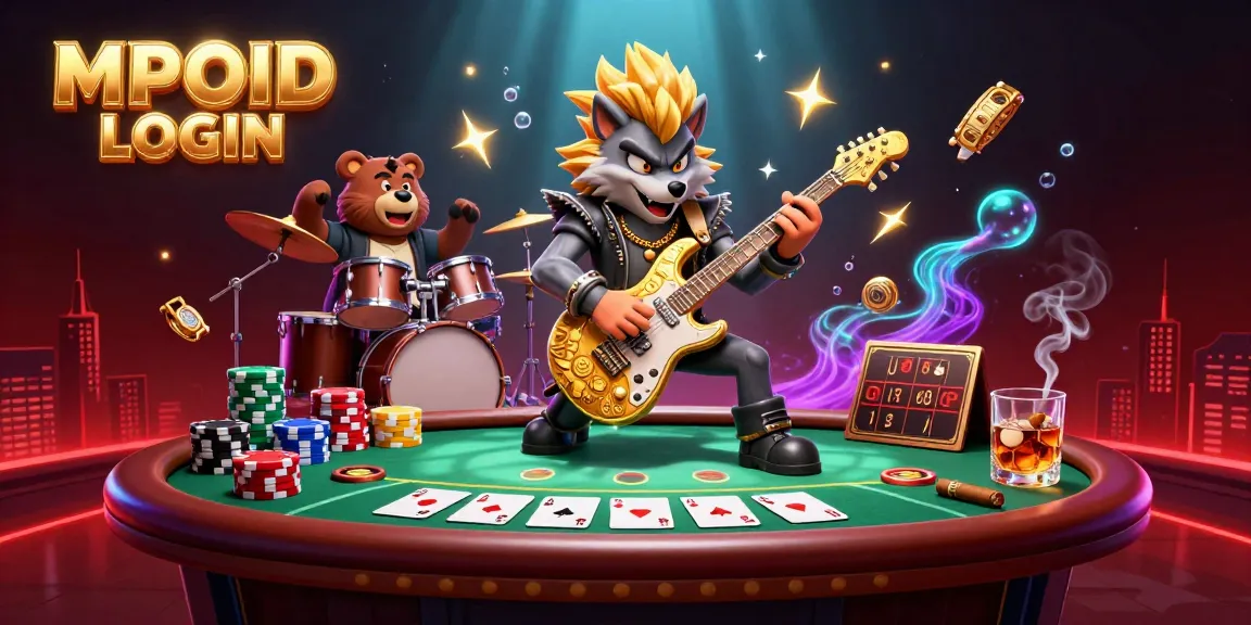 MPOID LOGIN delivers an electrifying scene with a rock star wolf and drummer bear on a lively casino stage.