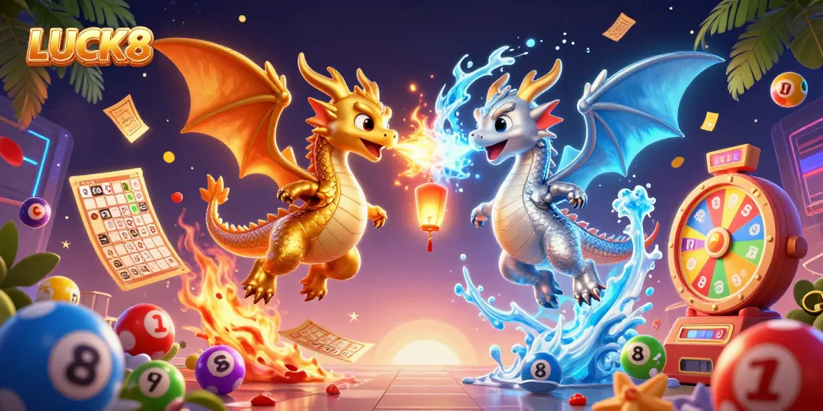LUCK8 fun scene of gold and silver dragons showcasing exciting lottery elements in a vibrant casino