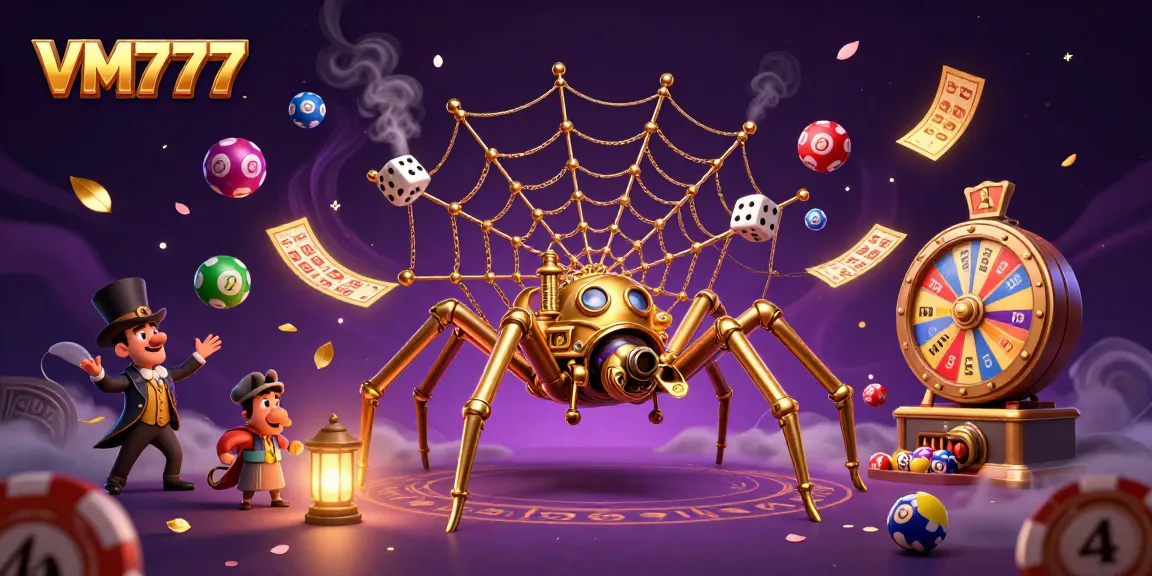Engage with VM777's thrilling gaming universe as the steampunk spider captures dice among vibrant lotto elements.