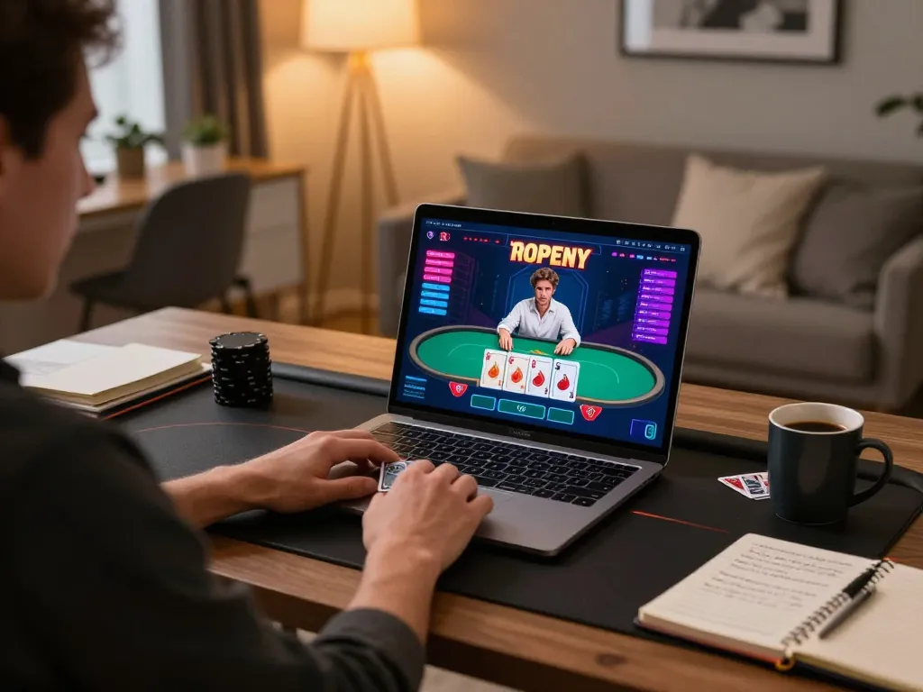 Engaging in strategic online poker game using tr88 platform from a stylish home setup.