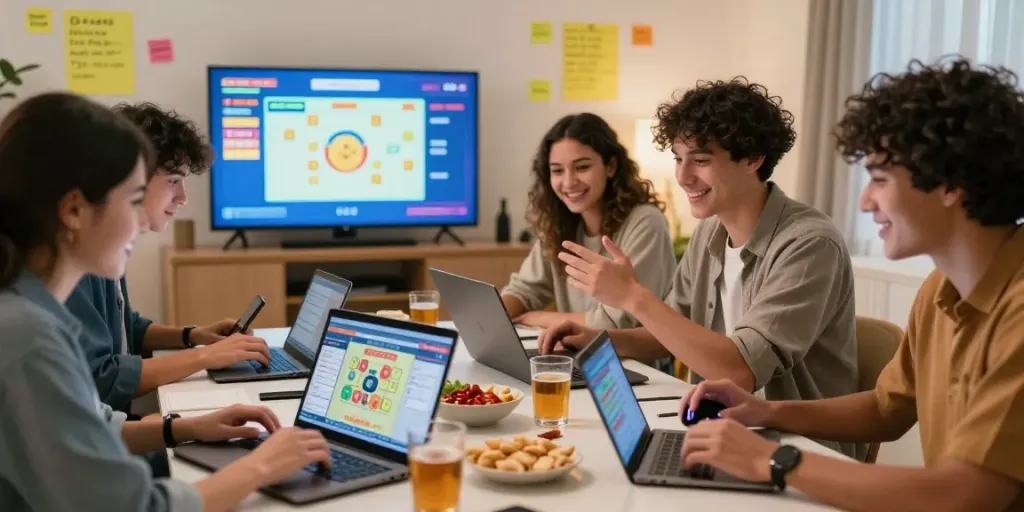 Suasana permainan online afk toto dengan teman-teman, laptop dan smartphone terlihat, atmosfer seru dan hangat.