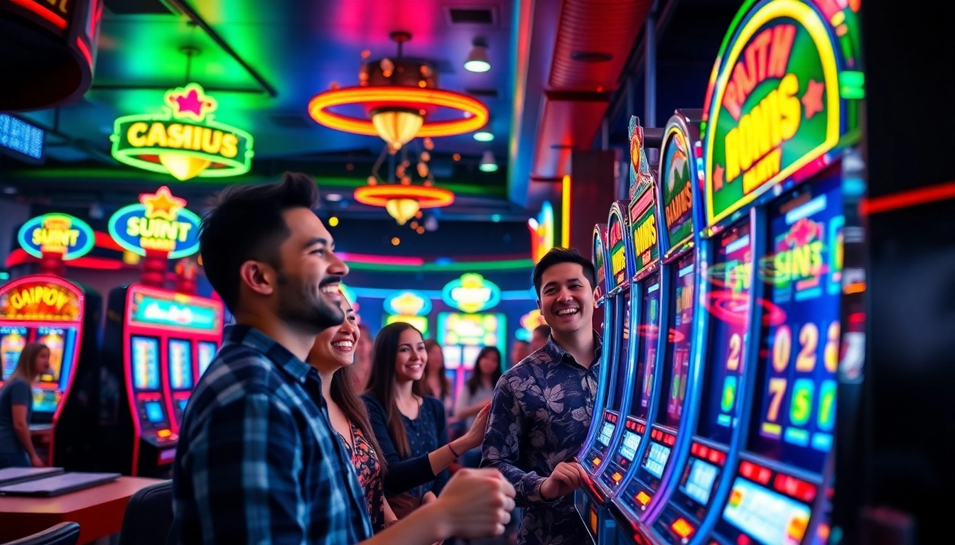 Experience the thrill of winning at vibrant slot machines in a modern casino atmosphere.