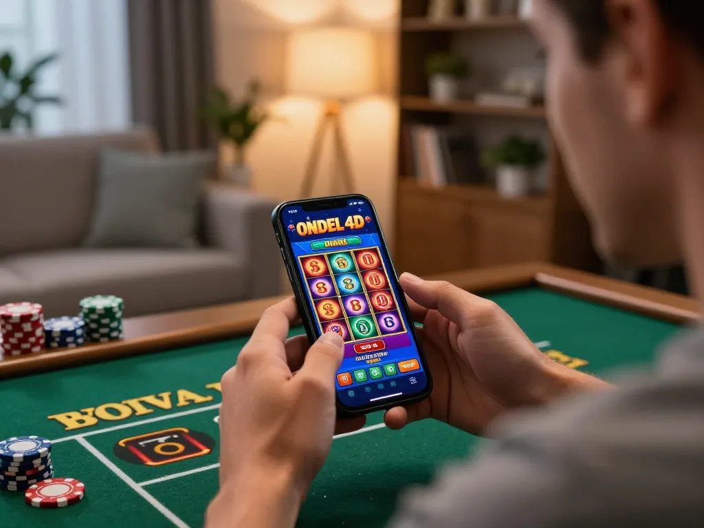 Pemain menggunakan aplikasi mobile ondel4d untuk slot online di ruang tamu yang nyaman.