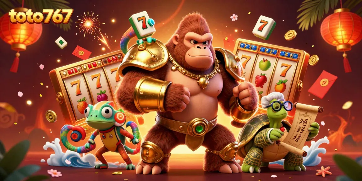 Toto767 menghadirkan raja gorila dalam armor emas dengan chameleon dan kura-kura bijak, penuh aksi kasino.