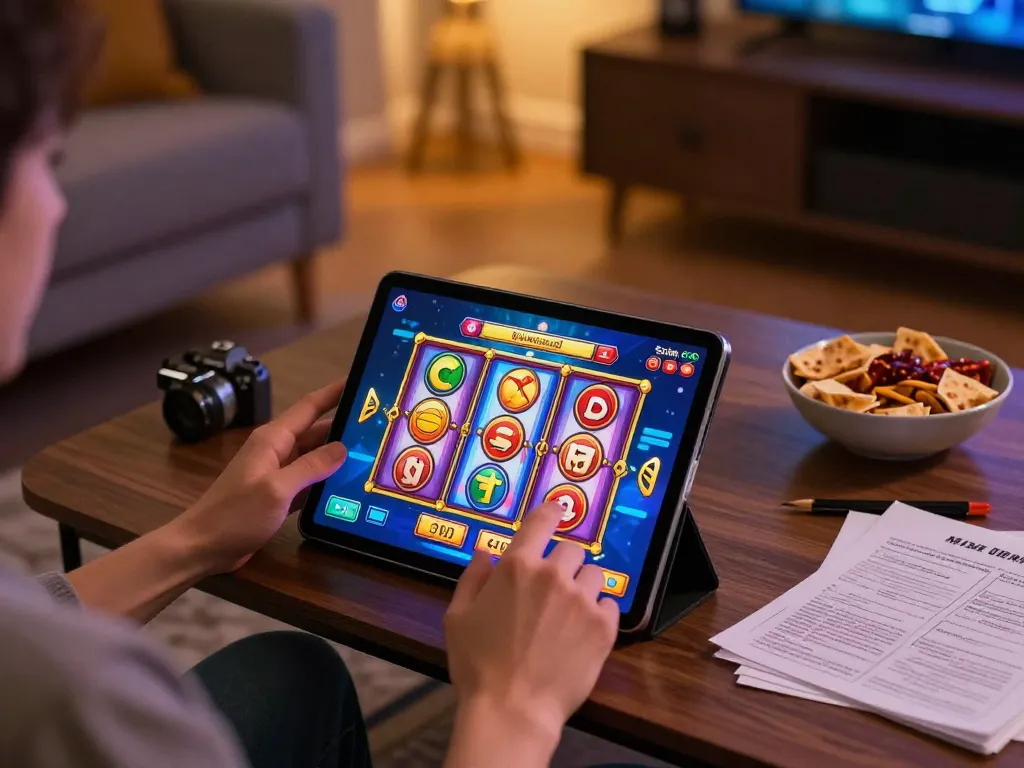 Terlibat dengan permainan mega slot di tablet dalam lingkungan rumah yang nyaman, menunjukkan praktik bermain yang bertanggung jawab.