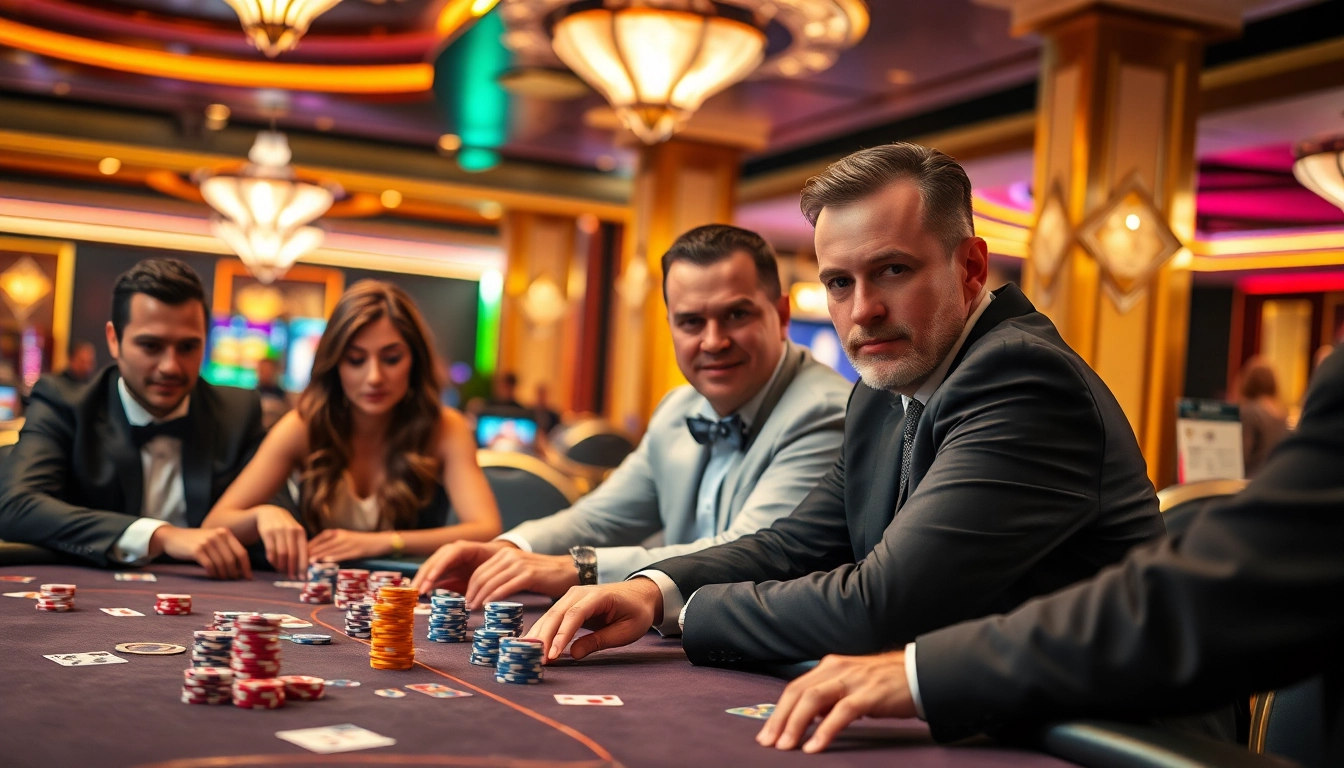 oj89 menampilkan suasana kasino dengan pemain poker terampil yang serius.