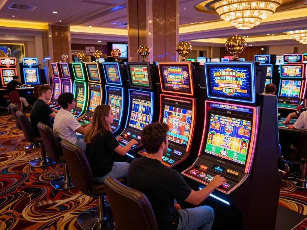 LGO99 players enjoying vibrant slot machine games in a lively casino atmosphere