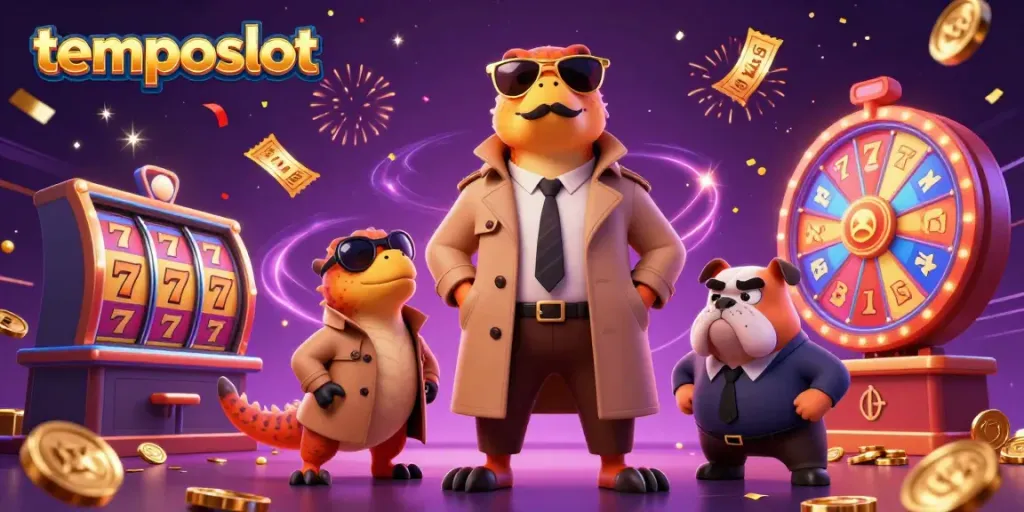 Raptors in a trench coat try to sneak into a VIP casino lounge, embodying temposlot's playful vibe.