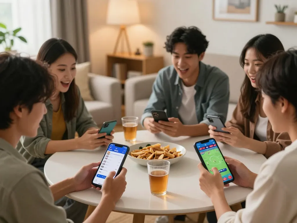 Engaged friends using the 78win app for sports betting during a home gathering.