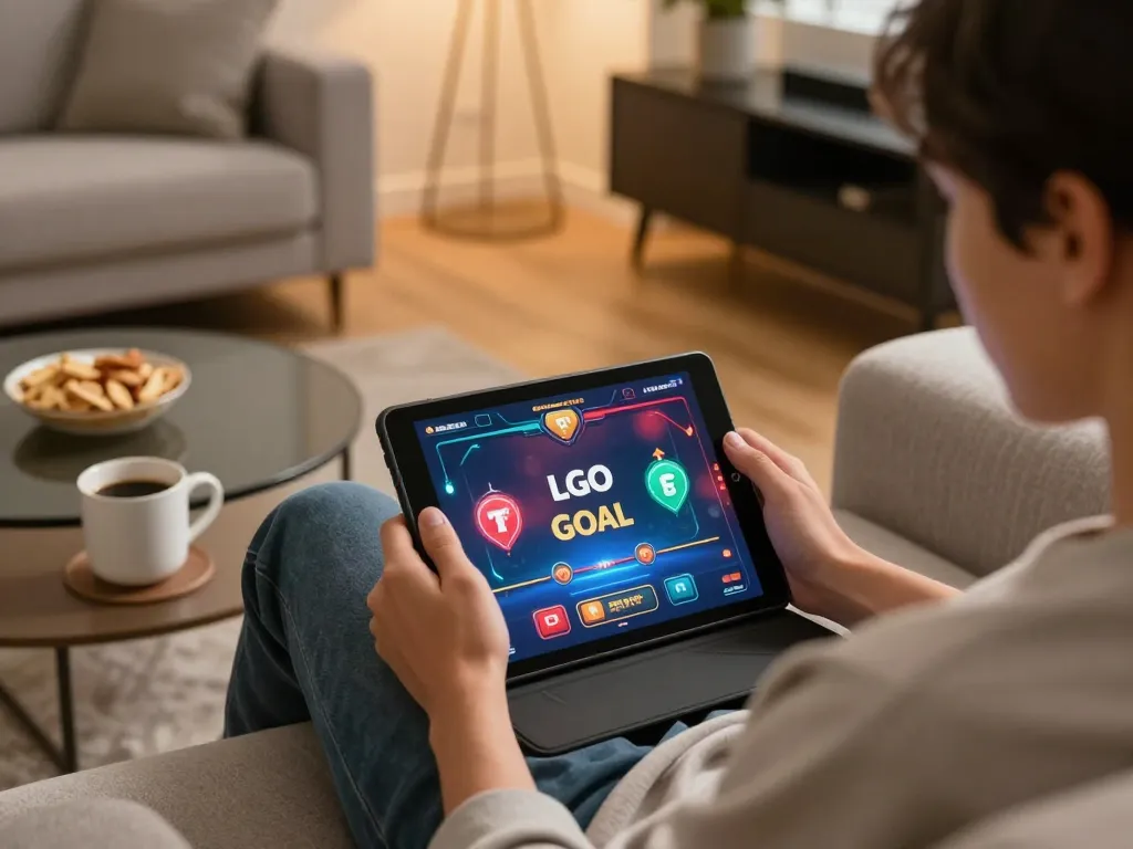 LGO GOAL user engaged in online gaming on a tablet in a cozy home setting