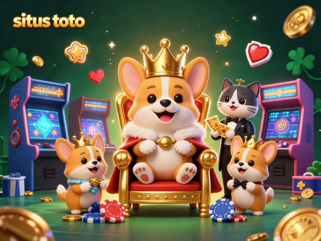 Menghadirkan situs toto, ilustrasi 3D kartun royal corgi duduk di atas tumpukan chip poker dengan kartu emas yang disajikan oleh pelayan kucing.